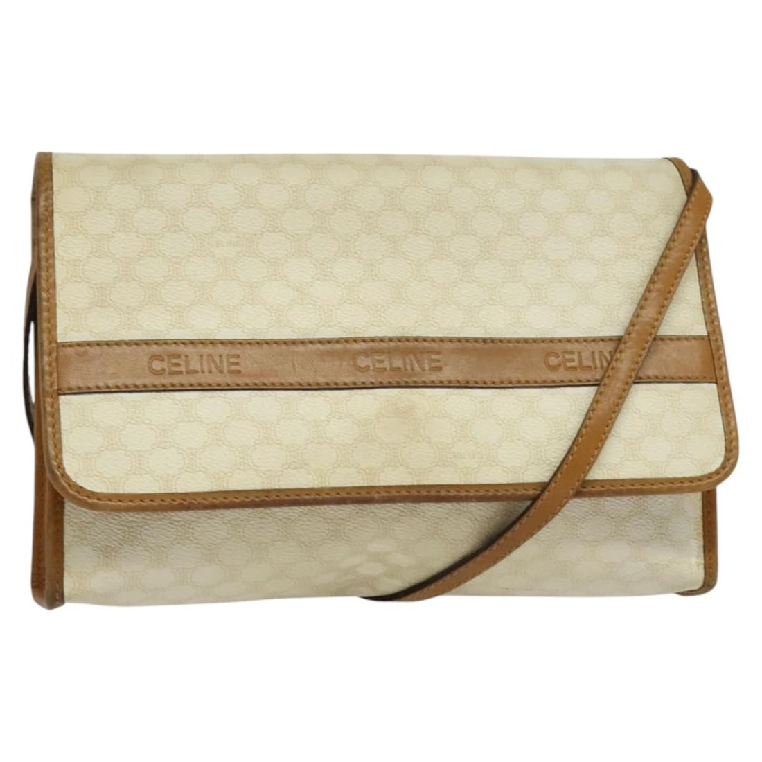 CELINE Macadam Canvas Shoulder Bag PVC Leather White Gold Made in Italy: CELINE Macadam Canvas Shoulder Bag PVC Leather White Gold Made in Italy This Celine Macadam Canvas Shoulder Bag is a stylish accessory crafted from durable PVC leather with a chic white and gold exter