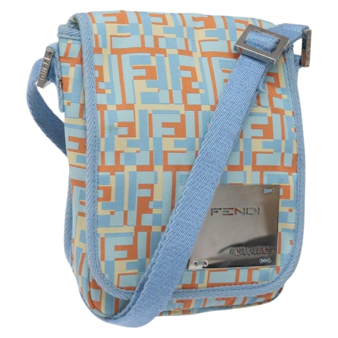 Fendi Light Blue Canvas Shoulder Bag Silver Auth Italy: Fendi Light Blue Canvas Shoulder Bag Silver Auth Italy This authentic Fendi shoulder bag showcases a stylish light blue and silver color combination, crafted from durable canvas. With dimensions of ap