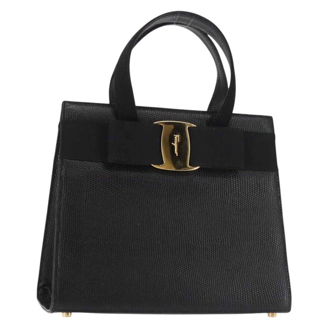 Salvatore Ferragamo Vala Hand Bag Embossed Leather Black Gold Authentic BA5845: Salvatore Ferragamo Vala Hand Bag Embossed Leather Black Gold Authentic BA5845 This Salvatore Ferragamo Vala Hand Bag showcases exquisite craftsmanship with its embossed leather design in a striking b