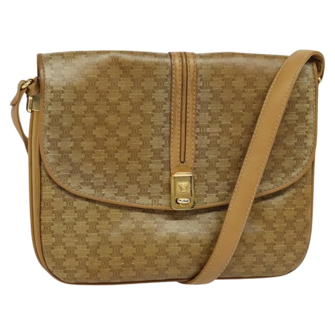 CELINE Macadam Canvas Shoulder Bag PVC Beige Gold Made in Italy: CELINE Macadam Canvas Shoulder Bag PVC Beige Gold Made in Italy This CELINE Macadam Canvas Shoulder Bag is a stylish accessory that combines functionality with a chic aesthetic. Crafted from durable P