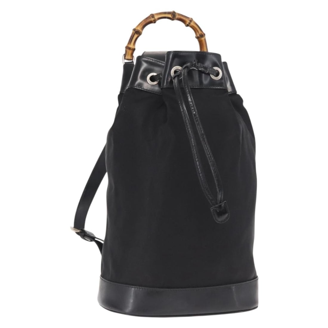 Vintage Gucci Black Bamboo Sling Backpack Shoulder Bag: Vintage Gucci Black Bamboo Sling Backpack Shoulder Bag This pre-owned Gucci vintage Bamboo sling backpack features a classic black design and is intended for female use. It shows noticeable signs of w