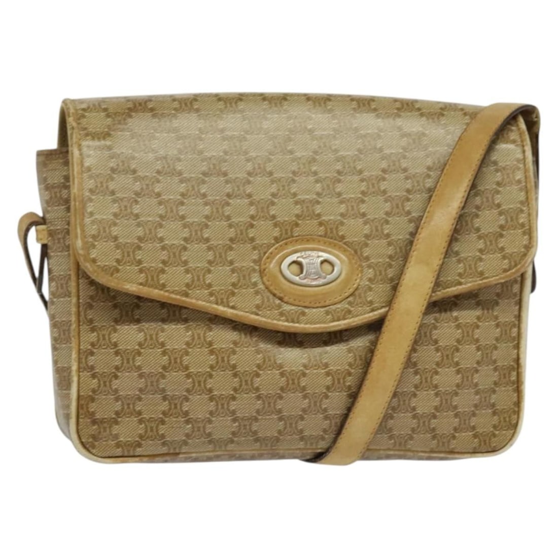 CELINE Beige Gold PVC Macadam Shoulder Bag Made in Italy: CELINE Beige Gold PVC Macadam Shoulder Bag Made in Italy This authentic CELINE Macadam Canvas Shoulder Bag combines style and functionality. Crafted from durable PVC leather with a chic beige and gold