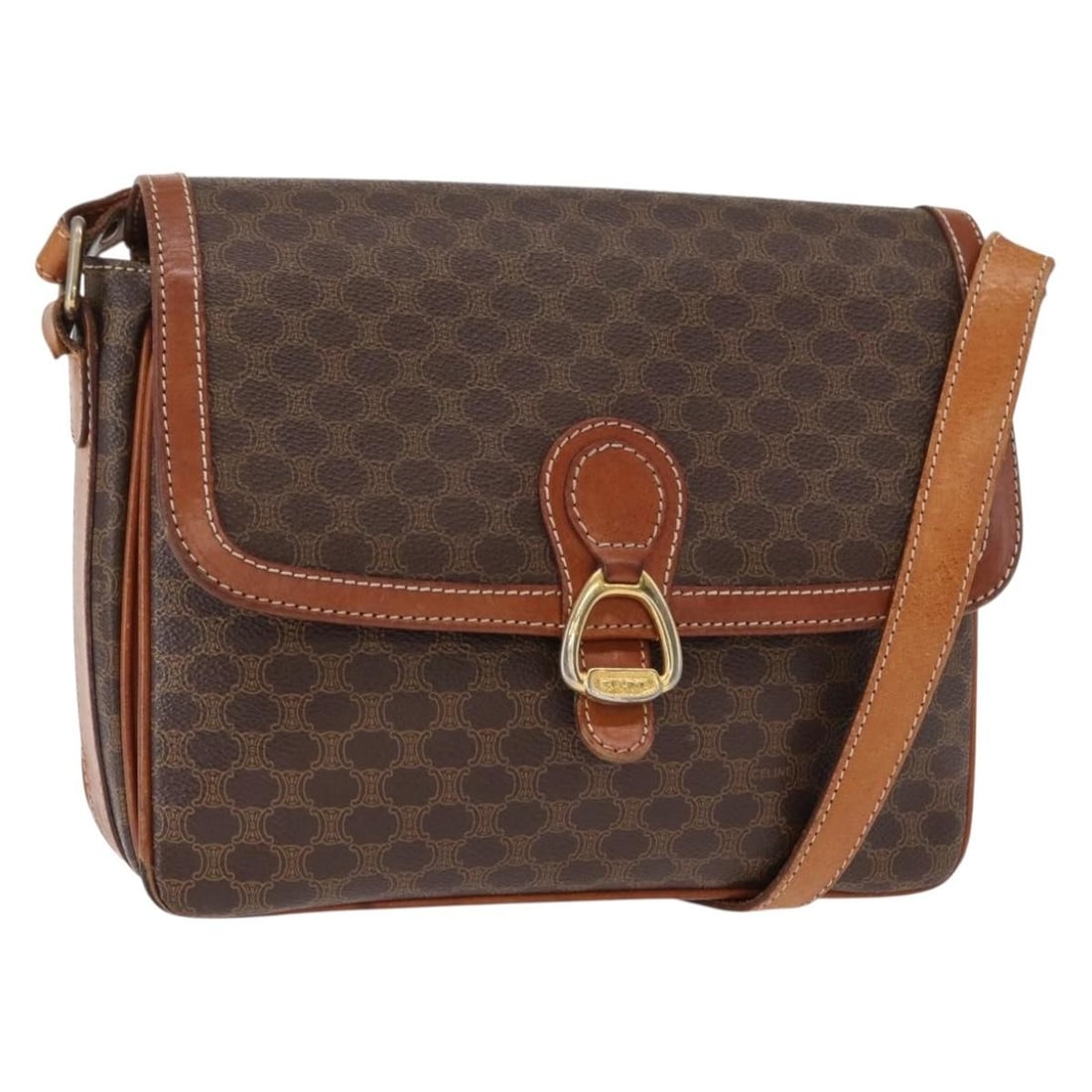 CELINE Brown Gold Macadam Canvas Shoulder Bag Auth BA8746 Italy: CELINE Brown Gold Macadam Canvas Shoulder Bag Auth BA8746 Italy Elevate your accessory game with this authentic CELINE Macadam Canvas Shoulder Bag. Crafted in Italy, this stylish shoulder bag features