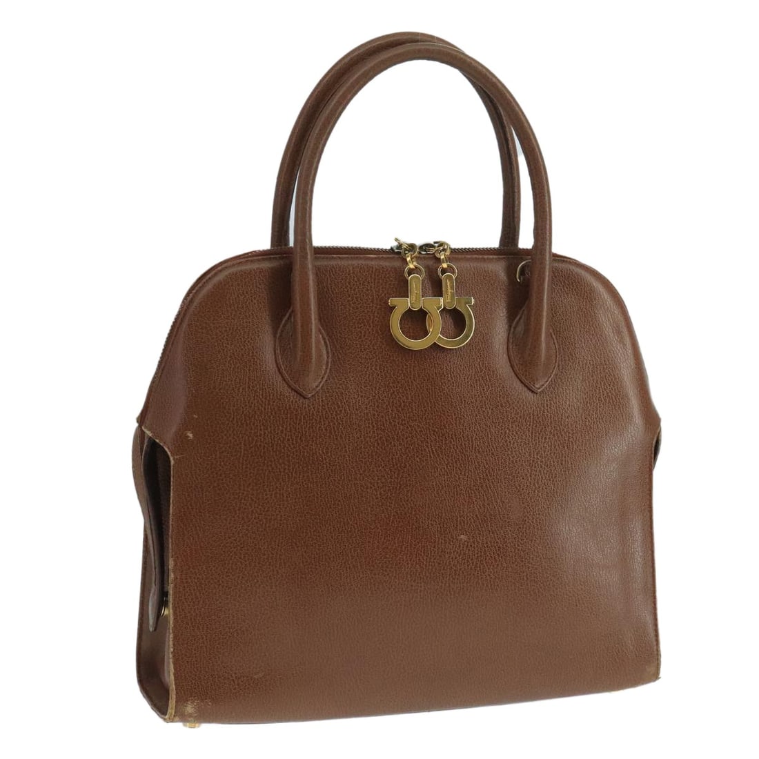 Salvatore Ferragamo Leather Hand Bag Brown Gold Auth 104228 Italy (1 of 18)