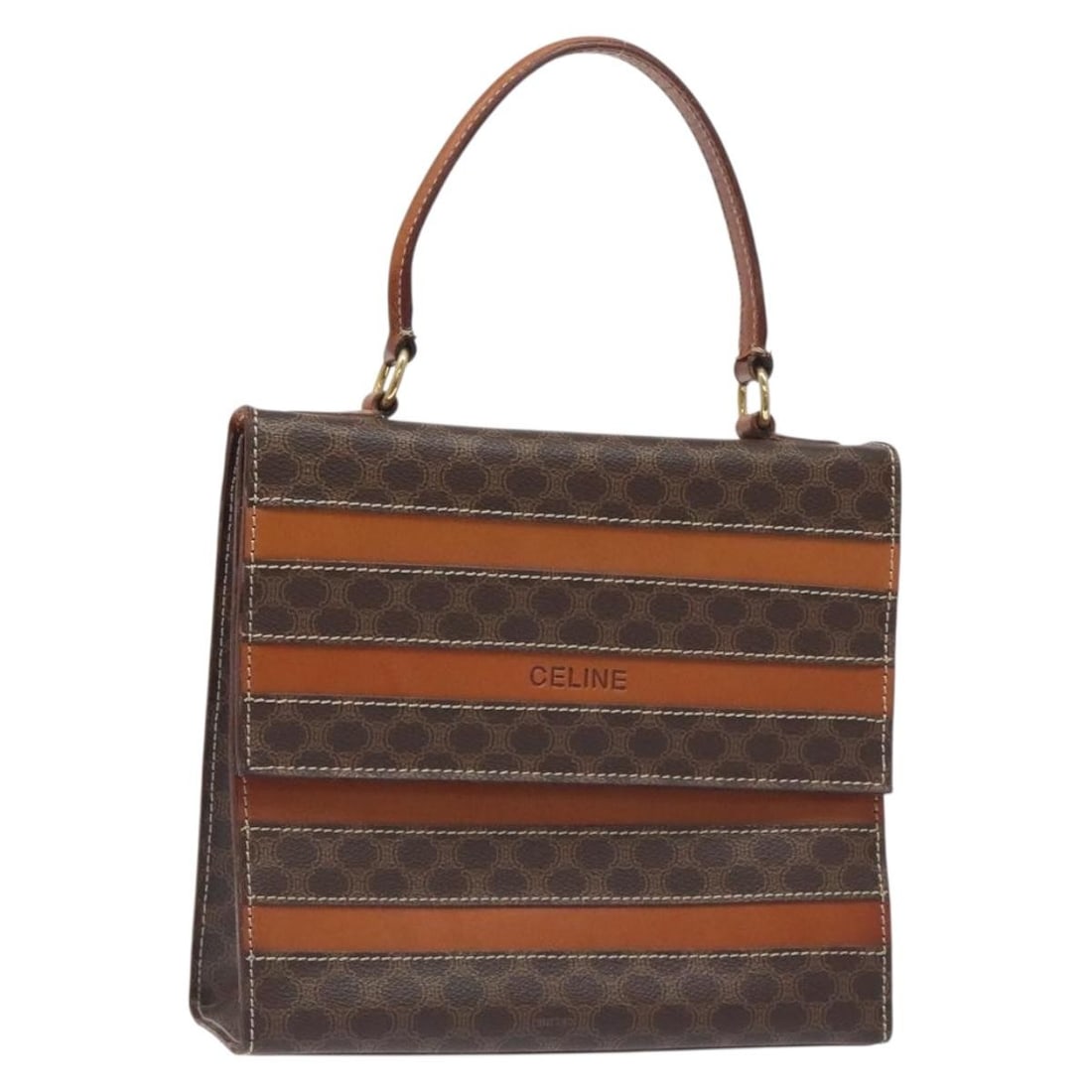 CELINE Macadam Canvas Hand Bag PVC Leather Brown Gold Made in Italy: CELINE Macadam Canvas Hand Bag PVC Leather Brown Gold Made in Italy Introducing the CELINE Macadam Canvas Hand Bag, crafted from durable PVC leather with a chic brown and gold exterior. This stylish b