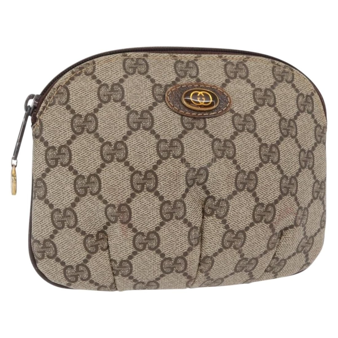 Beige Gold PVC Leather GG Canvas Pouch by Gucci Model 378 039 4492: Beige Gold PVC Leather GG Canvas Pouch by Gucci Model 378 039 4492 This is a Gucci GG Canvas pouch crafted from PVC leather in beige and gold tones. Made in Italy, the pouch features a compact design