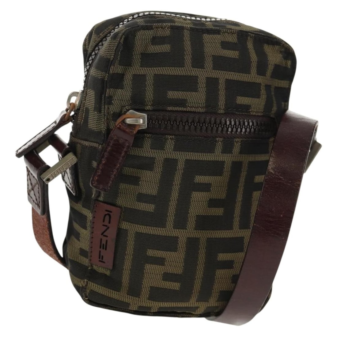 Black and Brown Zucca Canvas Shoulder Bag by Fendi Italy: Black and Brown Zucca Canvas Shoulder Bag by Fendi Italy This FENDI Zucca Canvas Shoulder Bag features the iconic black and brown Zucca canvas exterior and is designed as a compact shoulder bag. The b