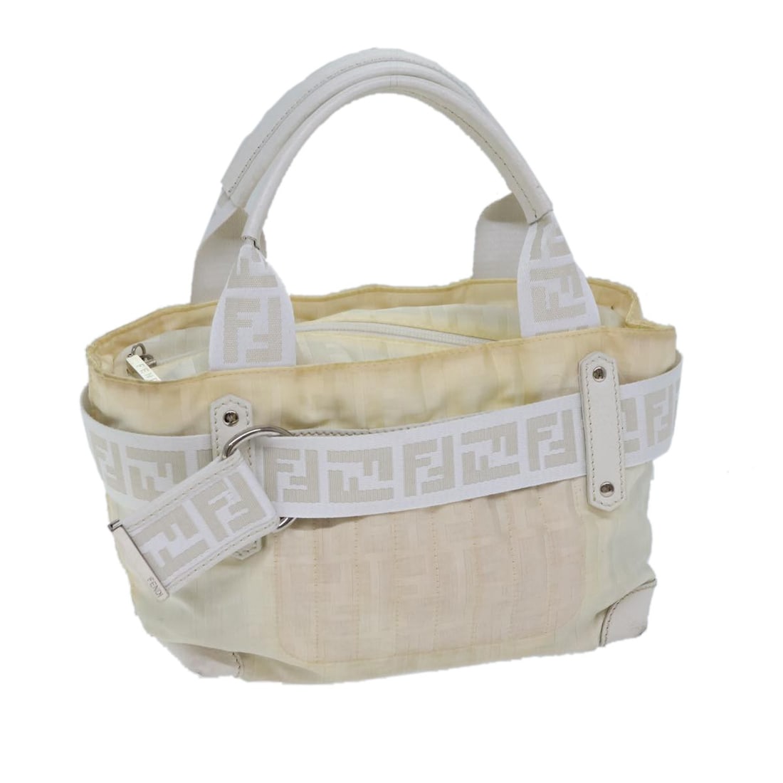 FENDI Zucca White Nylon Hand Bag Made in Italy: FENDI Zucca White Nylon Hand Bag Made in Italy This Fendi Zucca Canvas Hand Bag showcases a stylish and functional design crafted from white nylon and Zucca canvas. With dimensions of approximately 8.