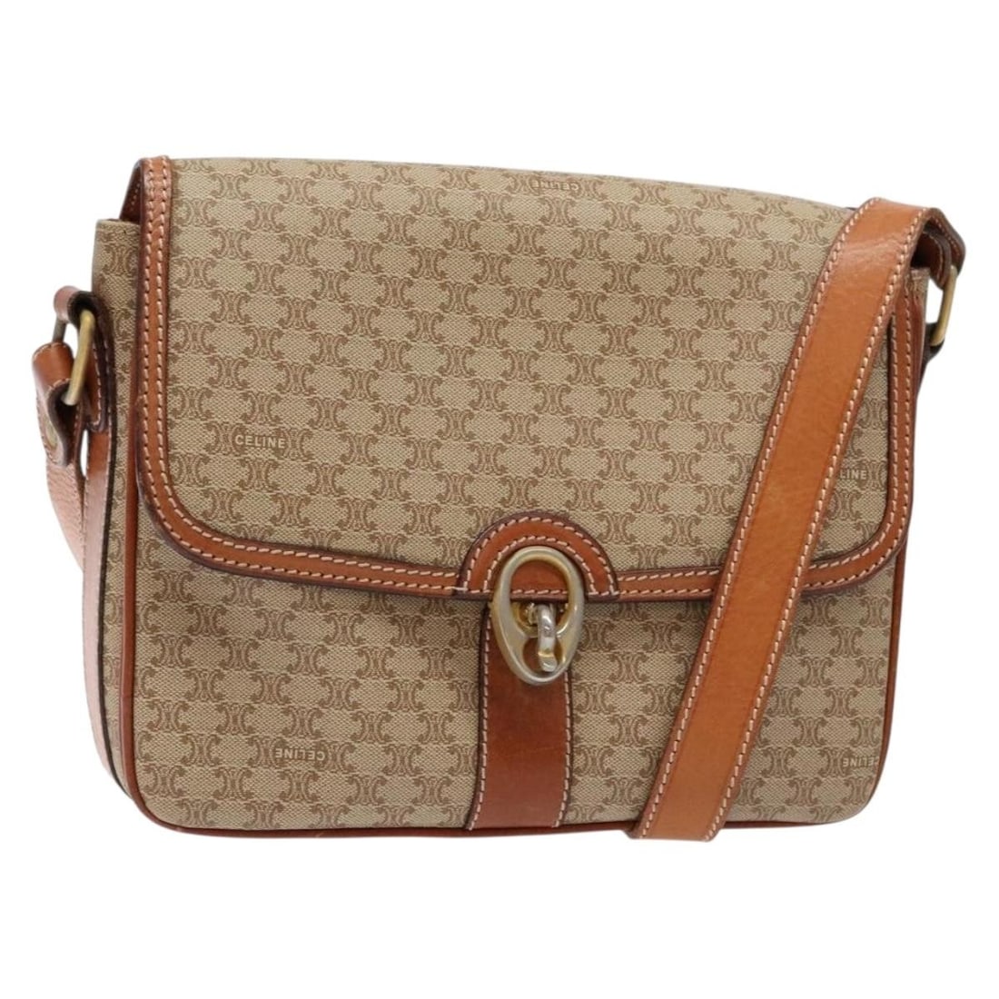 CELINE Beige Gold PVC Macadam Canvas Shoulder Bag Made in Italy: CELINE Beige Gold PVC Macadam Canvas Shoulder Bag Made in Italy This authentic CELINE Macadam Canvas Shoulder Bag is crafted from durable PVC leather, featuring a stylish beige and gold color combinat