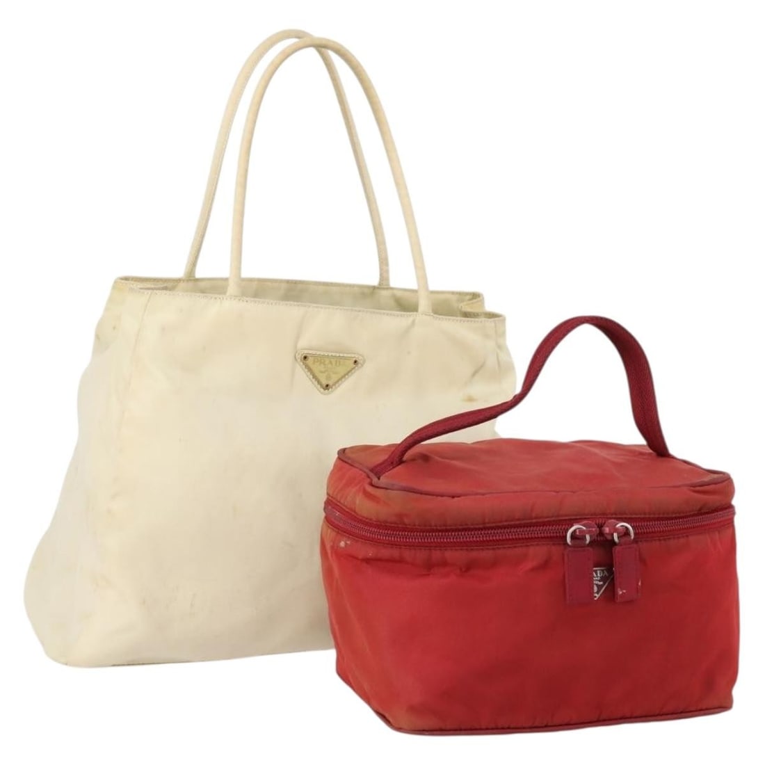PRADA Red White Nylon Hand Bag Set Authentic: PRADA Red White Nylon Hand Bag Set Authentic This PRADA handbag set features a stylish and functional design crafted from durable nylon in a striking red and white color combination. The set includes