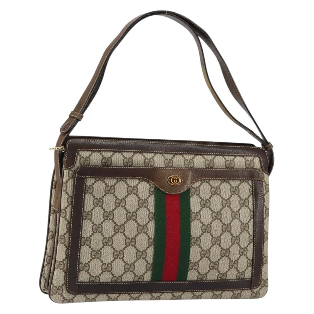GUCCI GG Supreme Sherry Line Beige Gold Shoulder Bag 14 01 4085 Auth: GUCCI GG Supreme Sherry Line Beige Gold Shoulder Bag 14 01 4085 Auth This GUCCI GG Supreme Web Sherry Line Bag is a stunning shoulder bag crafted in Italy from durable PVC leather. The elegant beige a
