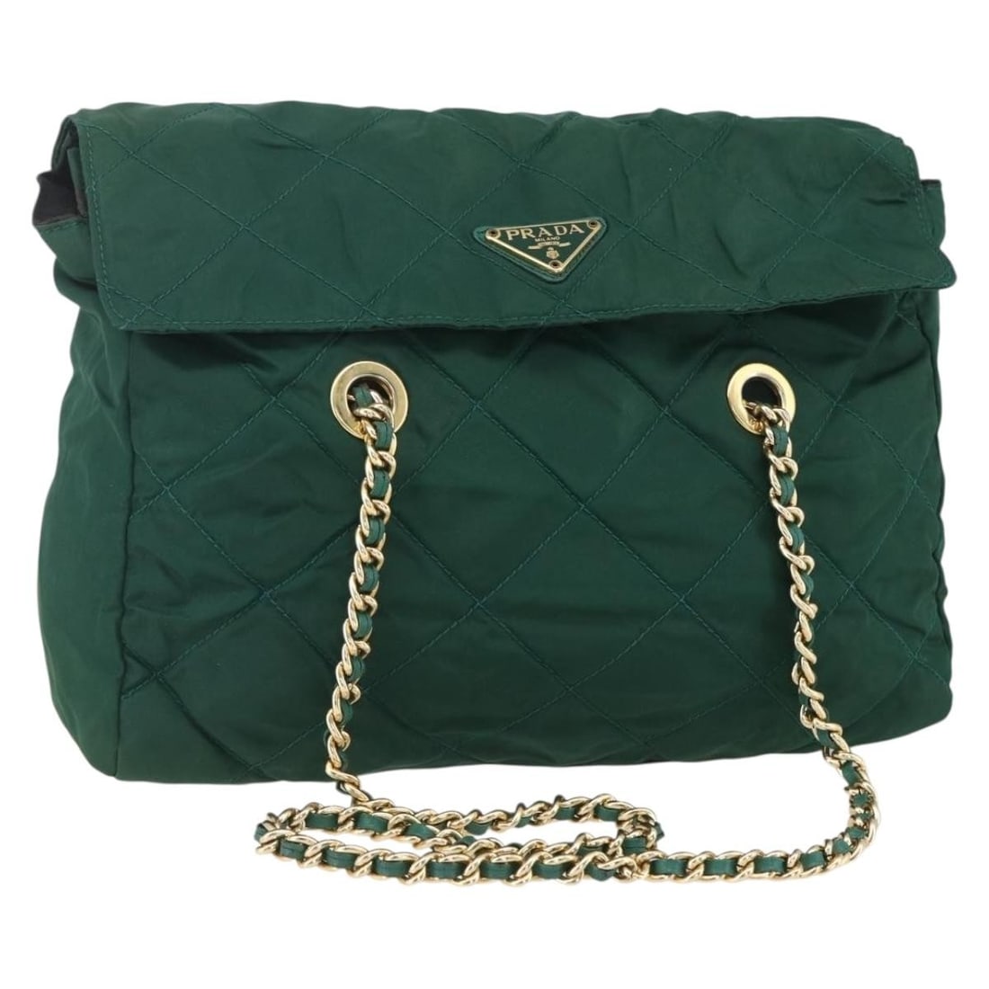 Green Nylon PRADA Shoulder Bag with Chain Strap Gold Accents: Green Nylon PRADA Shoulder Bag with Chain Strap Gold Accents This is a PRADA chain shoulder bag crafted from green and gold nylon. Made in Italy, the bag features a chain shoulder strap with a drop of