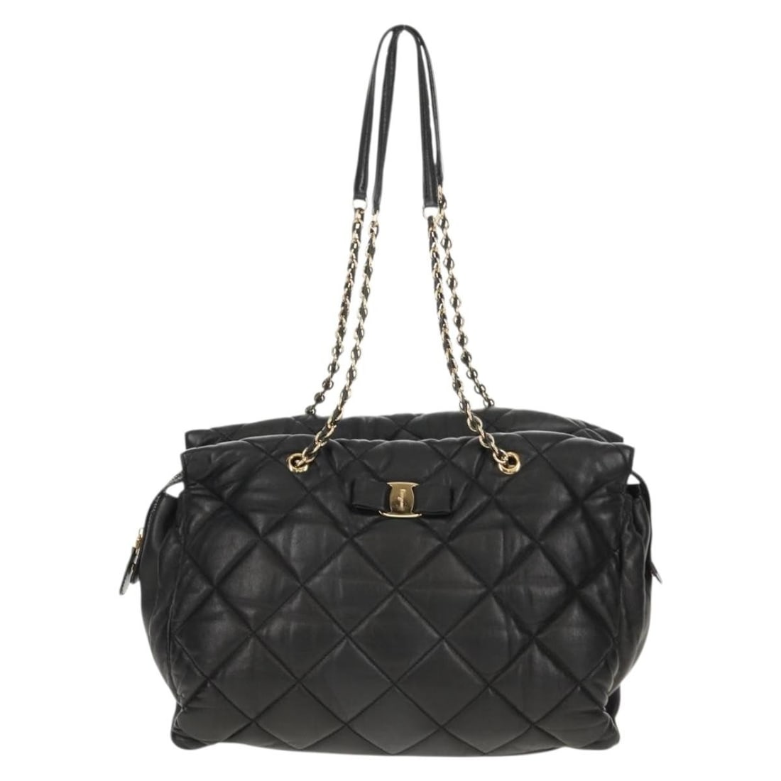 Ginette Shoulder Bag by Salvatore Ferragamo in Black with Chain Strap: Ginette Shoulder Bag by Salvatore Ferragamo in Black with Chain Strap This Salvatore Ferragamo Ginette chain shoulder bag features a black exterior with a classic chain strap design. The bag is intend