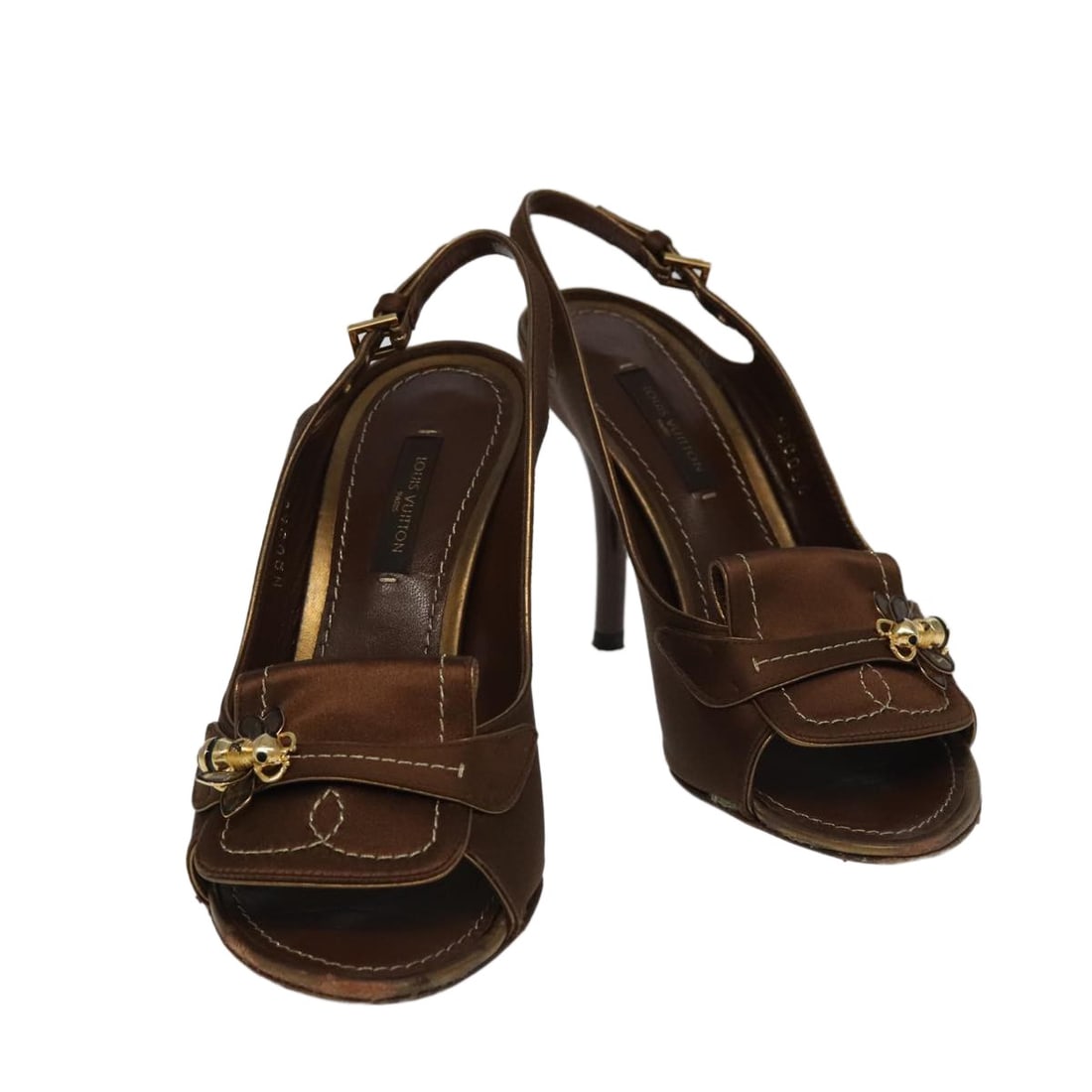 Louis Vuitton Satin High Heels Brown Gold Italy Authentic 35.5 (1 of 18)
