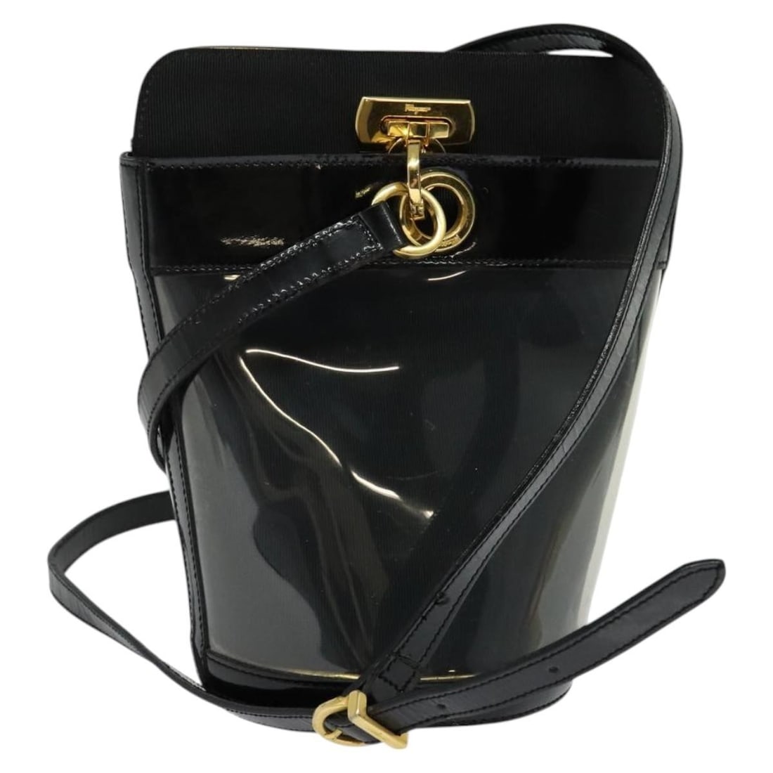 Salvatore Ferragamo Gancini Black Gold Vinyl Shoulder Bag Italy Auth (1 of 18)