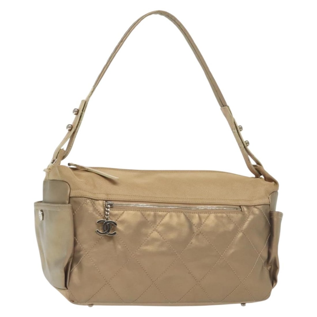 CHANEL Biarritz Beige Silver Coated Canvas Shoulder Bag Auth: CHANEL Biarritz Beige Silver Coated Canvas Shoulder Bag Auth This authentic CHANEL Paris Biarritz Shoulder Bag is crafted from coated canvas in a stylish beige and silver color combination. Designed f