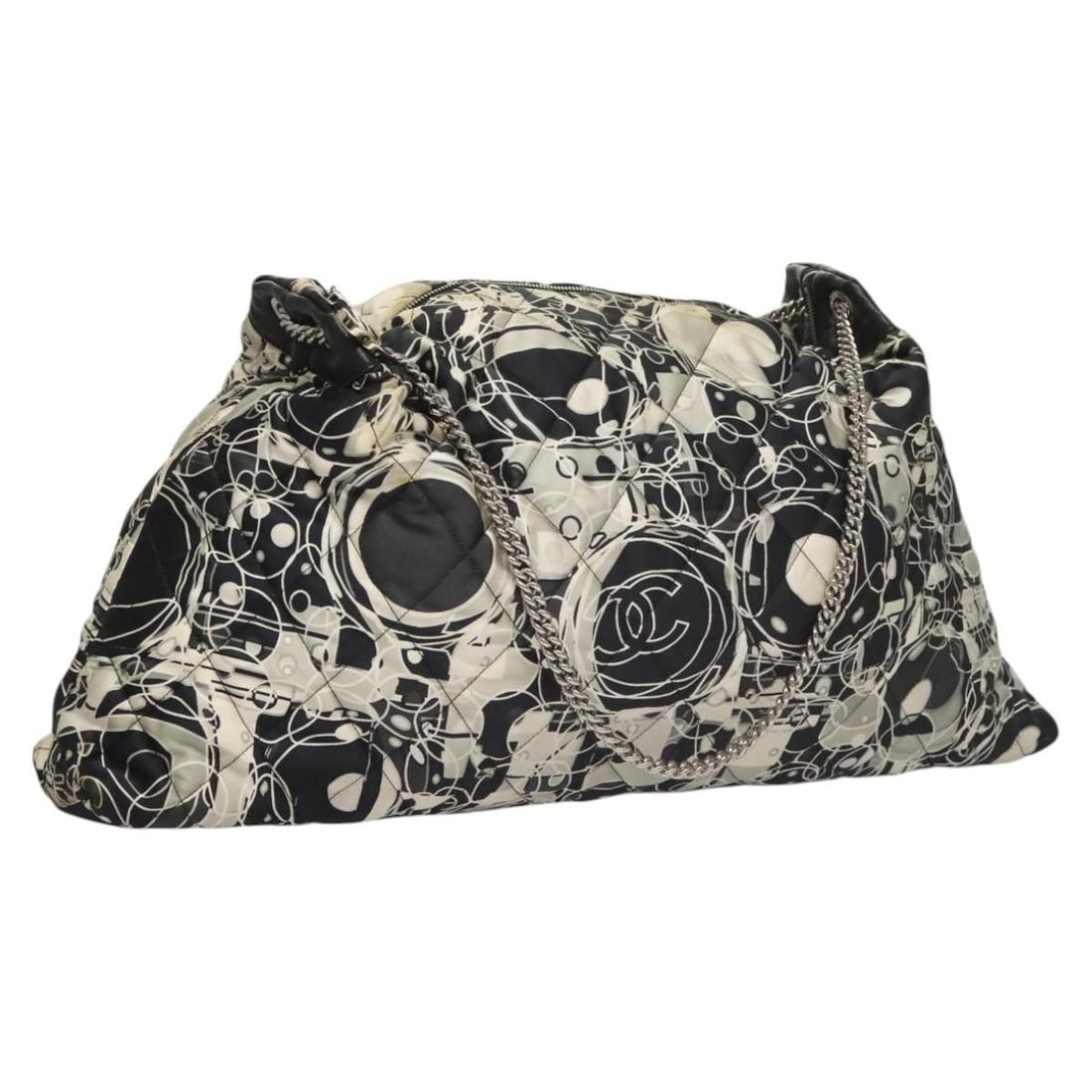 CHANEL Black Silk Matelasse Chain Shoulder Bag with CC Logo: CHANEL Black Silk Matelasse Chain Shoulder Bag with CC Logo This CHANEL Matelasse Chain Shoulder Bag is a luxurious accessory crafted from high-quality silk in a classic black color. The bag showcases