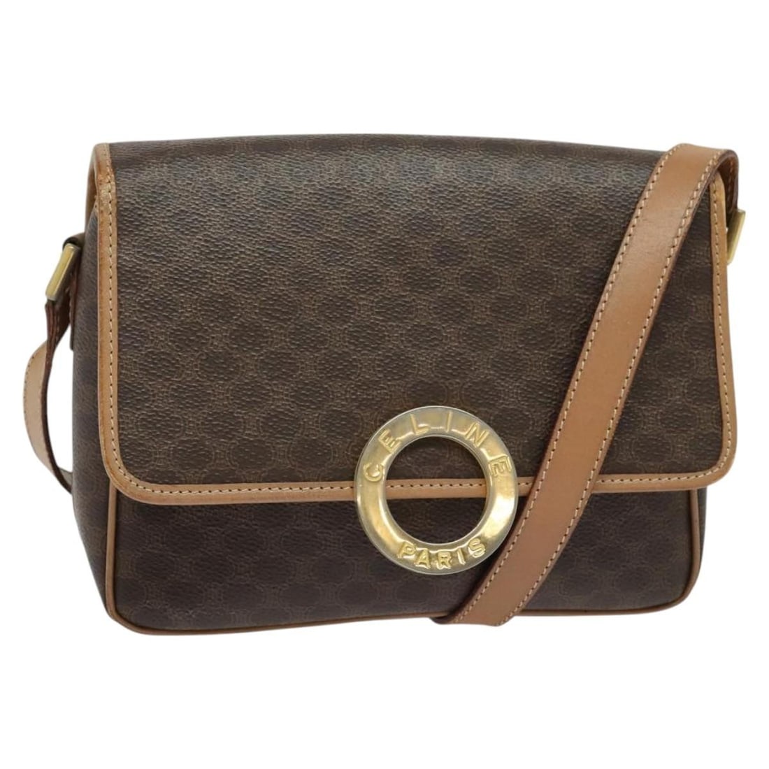 CELINE Macadam Canvas Circle Shoulder Bag PVC Leather Brown Gold Made in Italy: CELINE Macadam Canvas Circle Shoulder Bag PVC Leather Brown Gold Made in Italy This Celine Macadam Canvas Circle Shoulder Bag is a stylish accessory crafted from durable PVC leather. Featuring a sophi