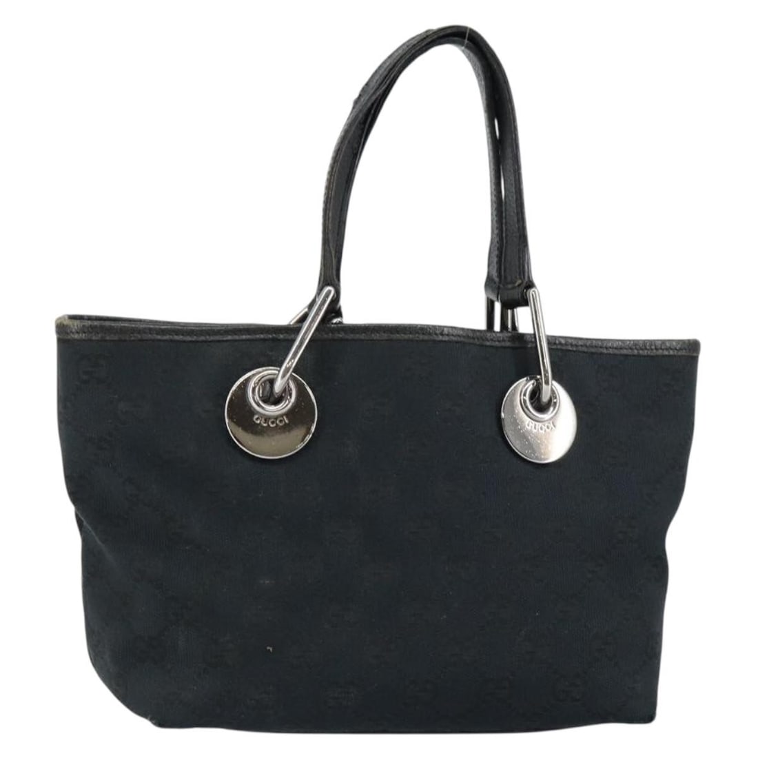 GUCCI GG Canvas Hand Bag Black Silver Auth 120844 Italy: GUCCI GG Canvas Hand Bag Black Silver Auth 120844 Italy This authentic GUCCI GG Canvas Hand Bag is a stylish accessory crafted in Italy. The bag features a chic black and silver color palette, made fr