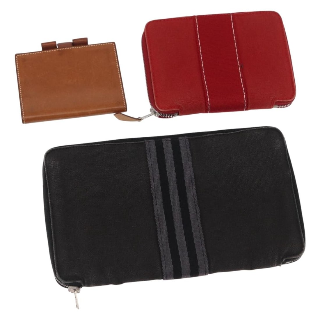 HERMES Canvas Leather Wallet Set 3 Pieces Brown Orange Gray Auth (1 of 18)