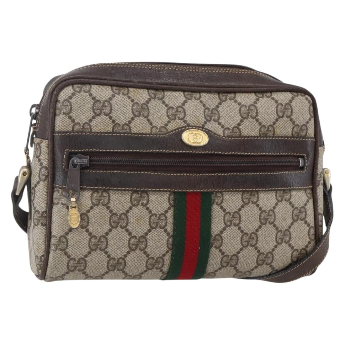 GUCCI GG Supreme Sherry Shoulder Bag Beige Gold PVC 010 378 Auth: GUCCI GG Supreme Sherry Shoulder Bag Beige Gold PVC 010 378 Auth This stylish GUCCI GG Supreme Web Sherry Line Shoulder Bag is a luxurious accessory crafted in Italy. The bag features a sophisticated