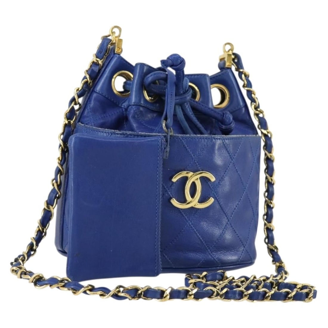 CHANEL Bicolore Lambskin Shoulder Bag Blue Gold Auth 154630: CHANEL Bicolore Lambskin Shoulder Bag Blue Gold Auth 154630 Elevate your accessory collection with this exquisite CHANEL Chain Bicolore Shoulder Bag, crafted from luxurious lambskin leather in a strik