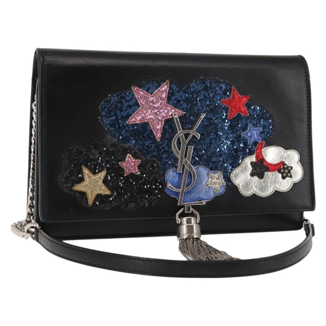 SAINT LAURENT Kate Tassel Chain Shoulder Bag Leather Black Silver Italy: SAINT LAURENT Kate Tassel Chain Shoulder Bag Leather Black Silver Italy Elevate your style with the SAINT LAURENT Kate Tassel Chain Shoulder Bag, a stunning accessory crafted in Italy. This luxurious