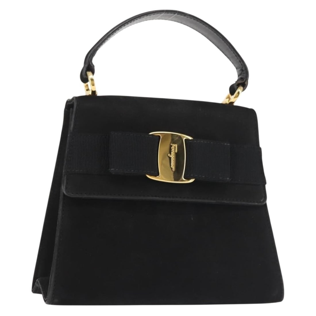 Salvatore Ferragamo Vala Black Gold Suede Hand Bag Auth BA5846: Salvatore Ferragamo Vala Black Gold Suede Hand Bag Auth BA5846 This Salvatore Ferragamo Vala Hand Bag is a stunning accessory crafted from luxurious black suede, accented with elegant gold details. De