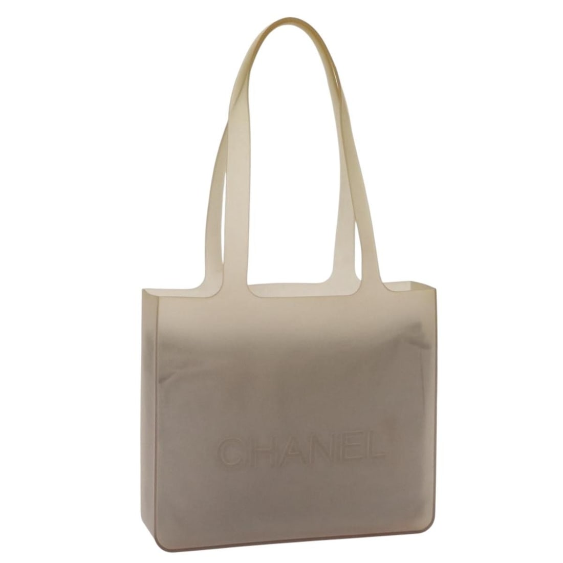 CHANEL Gray Rubber Tote Bag with Auth Card 156516: CHANEL Gray Rubber Tote Bag with Auth Card 156516 This authentic CHANEL tote bag is crafted from durable gray rubber, showcasing the iconic CC logo. With a height of approximately 8.3 inches (21 cm),