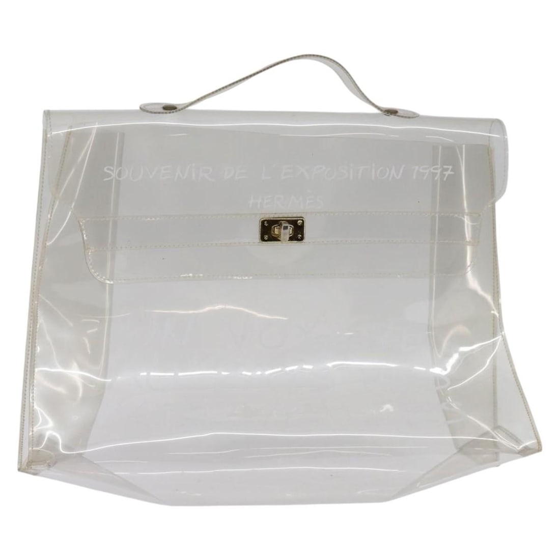 HERMES Clear Vinyl Kelly Hand Bag Authentic 148034: HERMES Clear Vinyl Kelly Hand Bag Authentic 148034 This authentic HERMES Vinyl Kelly Hand Bag showcases a sleek clear design, making it a standout accessory. Crafted from durable vinyl, this hand bag