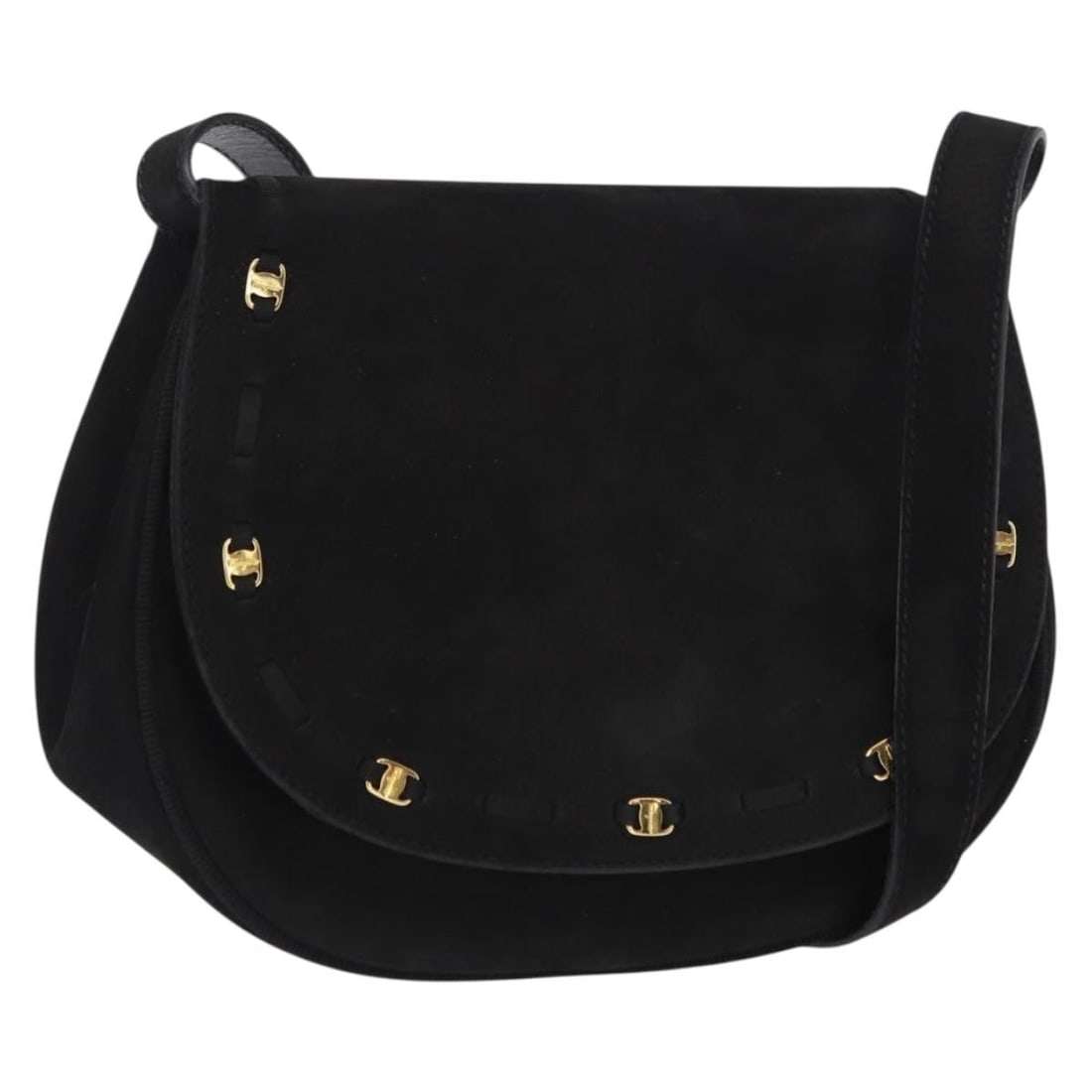 Black Suede Salvatore Ferragamo Vala Shoulder Bag with Gold Accents (1 of 18)