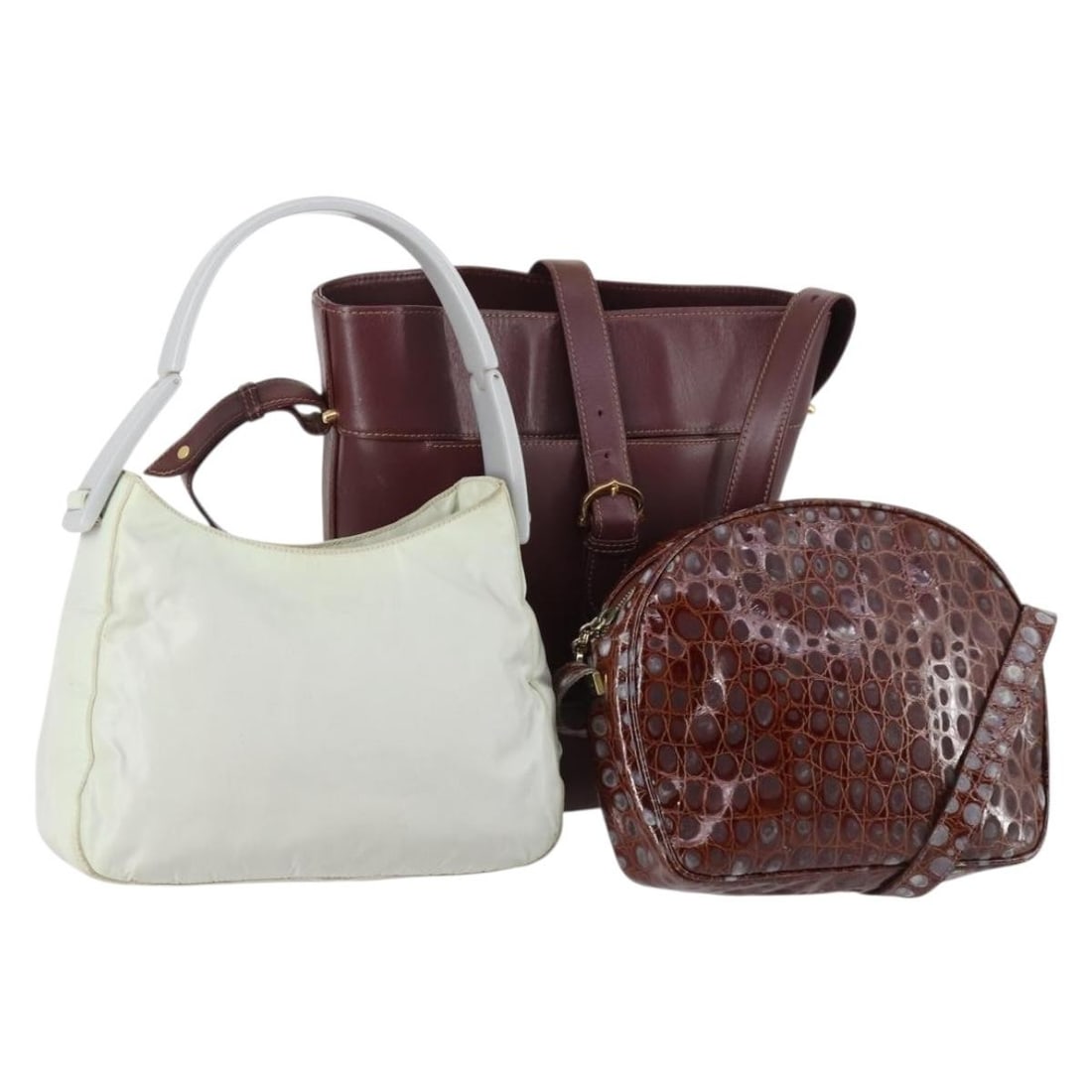 Salvatore Ferragamo Nylon Leather Handbag Set 3 Pieces Brown Gray Authentic (1 of 18)