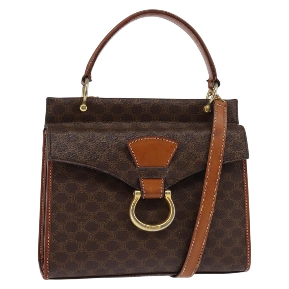 CELINE Macadam Canvas Shoulder Bag Brown Gold PVC Leather Italy: CELINE Macadam Canvas Shoulder Bag Brown Gold PVC Leather Italy This authentic CELINE Macadam Canvas Shoulder Bag is a stylish blend of luxury and practicality. Crafted in Italy, it features a durable