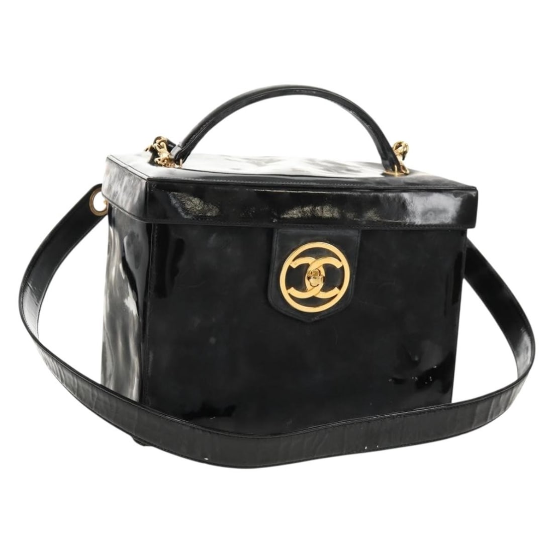 Black Patent Leather CHANEL Vanity Bag with Gold CC and Shoulder Strap: Black Patent Leather CHANEL Vanity Bag with Gold CC and Shoulder Strap This CHANEL Vanity handbag is crafted from black patent leather with gold-tone accents and features a two-way design. The bag inc