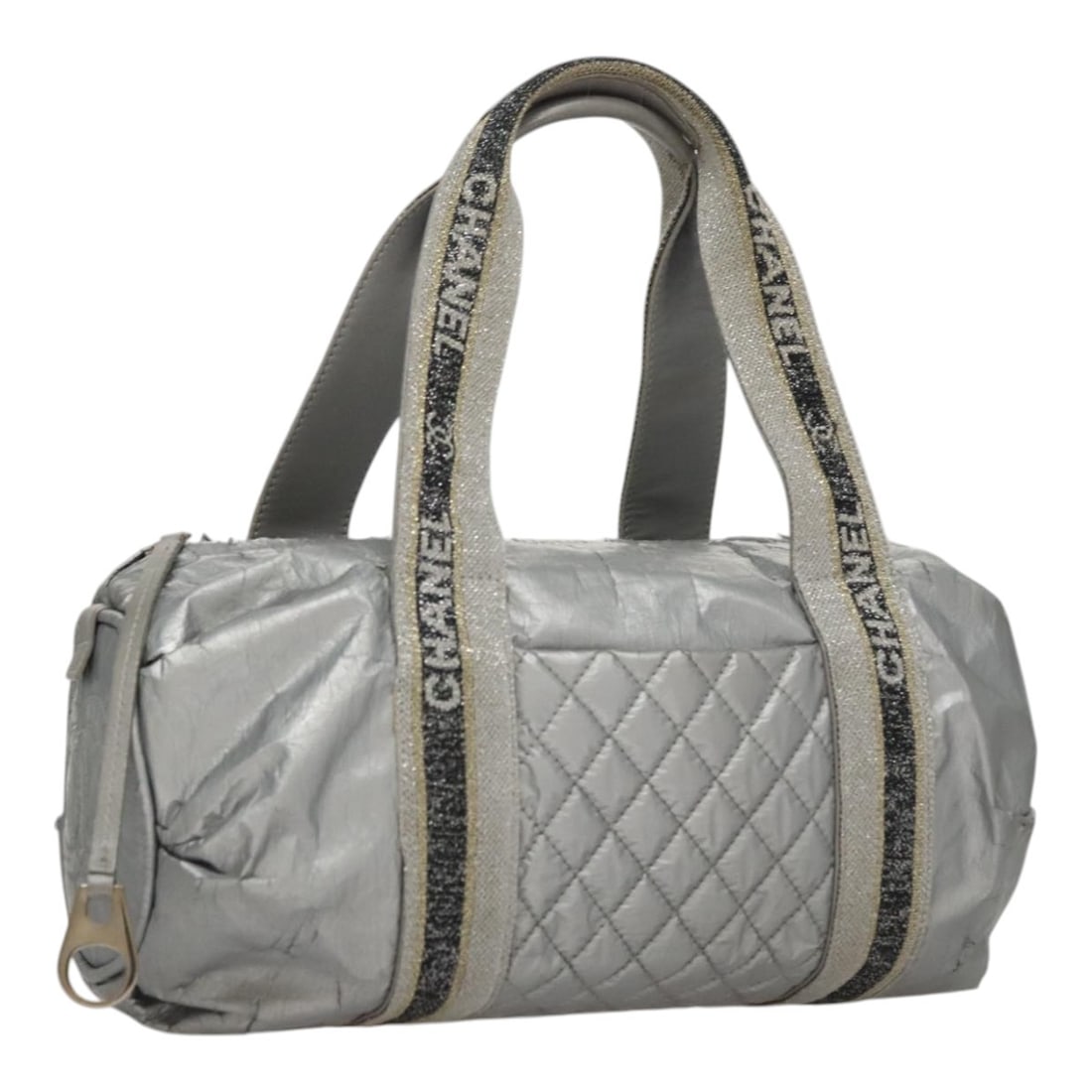 CHANEL Silver Coated Canvas Sports Hand Bag Auth Italy: CHANEL Silver Coated Canvas Sports Hand Bag Auth Italy Introducing the CHANEL Sports Hand Bag, a blend of style and functionality crafted from durable coated canvas in a stunning silver hue. This chic