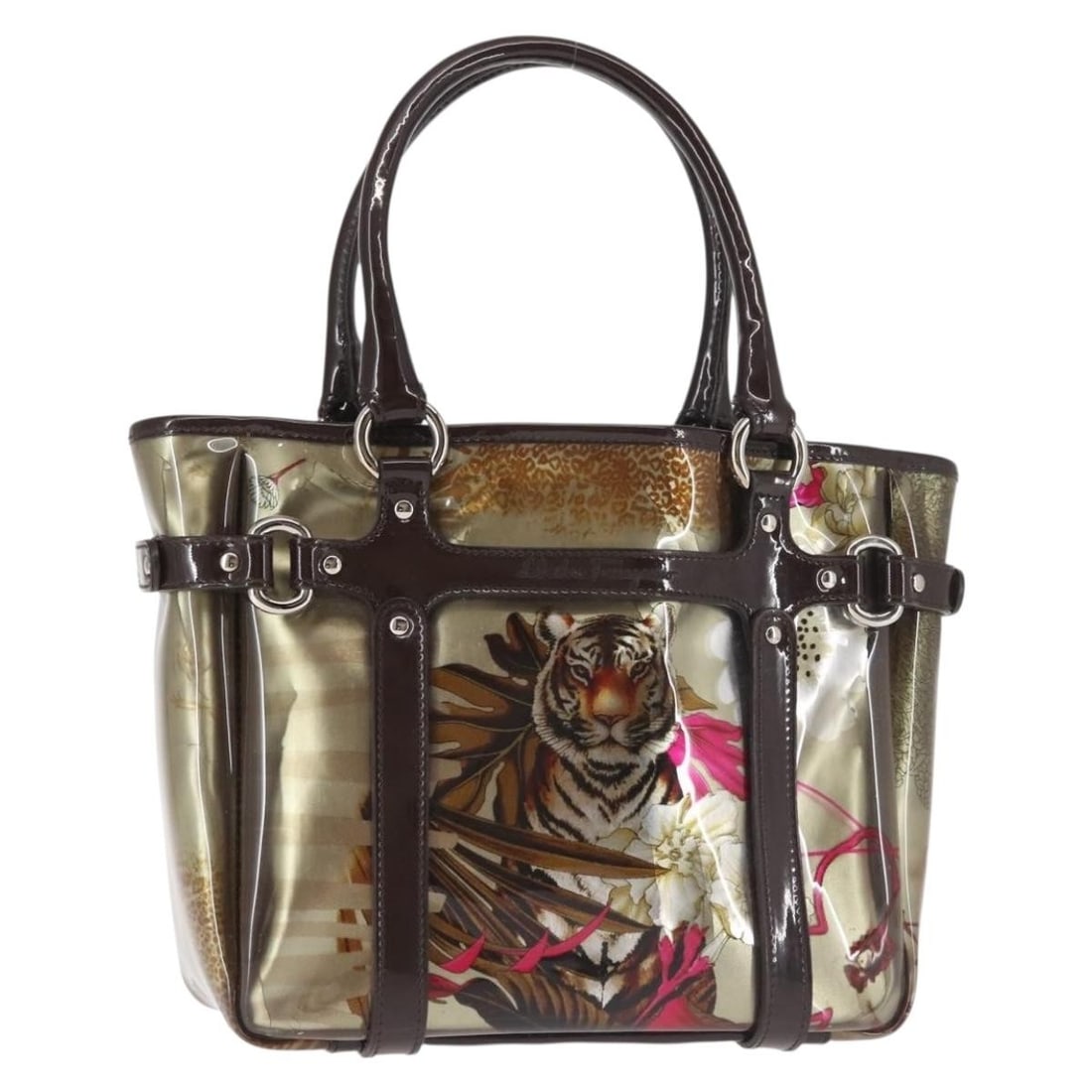 Salvatore Ferragamo Brown Vinyl Animal Pattern Hand Bag Auth Italy: Salvatore Ferragamo Brown Vinyl Animal Pattern Hand Bag Auth Italy This Salvatore Ferragamo handbag features a stylish animal pattern design, crafted from durable vinyl in a rich brown color. The exte