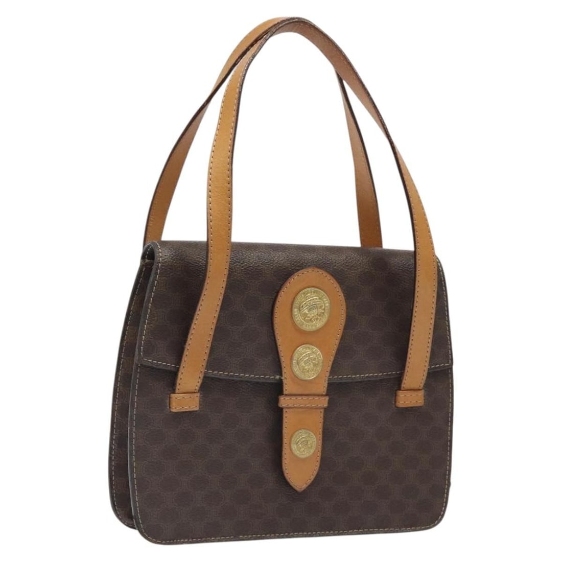 CELINE Macadam Canvas Shoulder Bag PVC Leather Brown Gold Made in Italy: CELINE Macadam Canvas Shoulder Bag PVC Leather Brown Gold Made in Italy This CELINE Macadam Canvas Shoulder Bag combines elegance with practicality, featuring a striking brown and gold color scheme. C