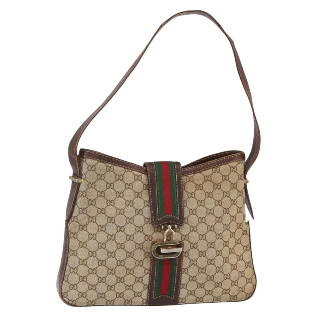 GUCCI GG Supreme Web Sherry Line Shoulder Bag Beige Gold PVC: GUCCI GG Supreme Web Sherry Line Shoulder Bag Beige Gold PVC Introducing the GUCCI GG Supreme Web Sherry Line Shoulder Bag, a stylish and versatile accessory crafted in Italy. This shoulder bag featur