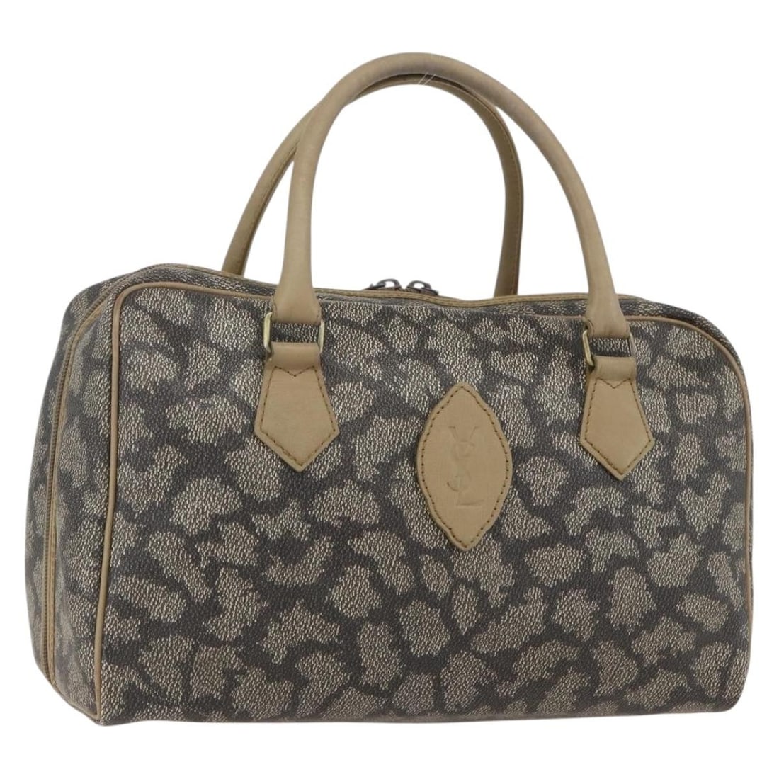 Gray Brown PVC Leather Saint Laurent Handbag with 11.8 Inch Width: Gray Brown PVC Leather Saint Laurent Handbag with 11.8 Inch Width This SAINT LAURENT handbag features a gray and brown PVC leather exterior with a practical top handle design. The bag measures approxi