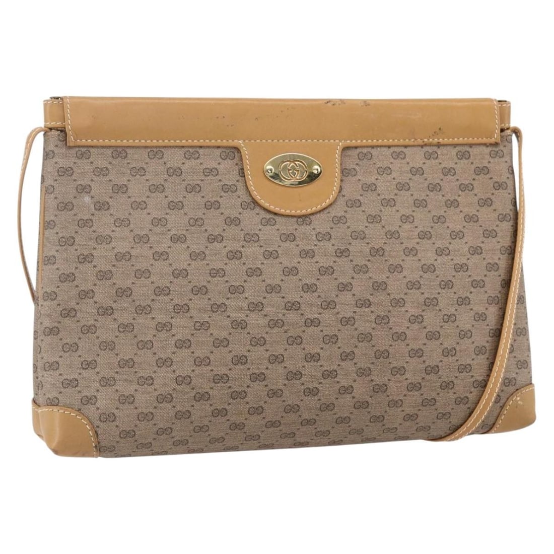 GUCCI Micro GG Supreme Beige Gold Shoulder Bag PVC Italy Auth: GUCCI Micro GG Supreme Beige Gold Shoulder Bag PVC Italy Auth This authentic GUCCI Micro GG Supreme Shoulder Bag is a stylish accessory crafted from durable PVC leather in an elegant beige and gold co