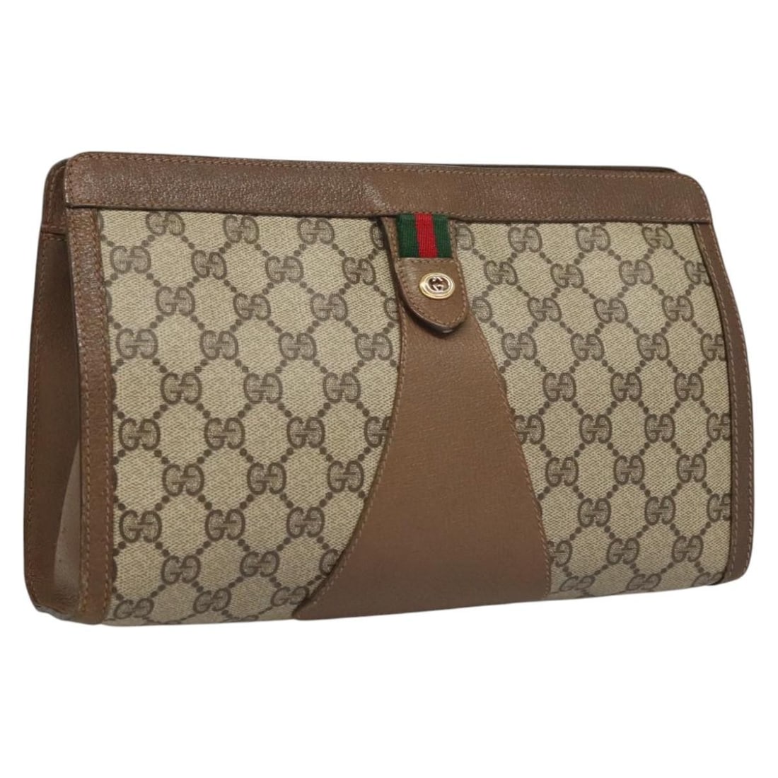 GUCCI GG Supreme Web Sherry Clutch Bag Beige PVC Auth 89 01 033: GUCCI GG Supreme Web Sherry Clutch Bag Beige PVC Auth 89 01 033 This GUCCI GG Supreme Web Sherry Line Clutch Bag is a stylish accessory crafted from durable PVC leather in a sophisticated beige color.