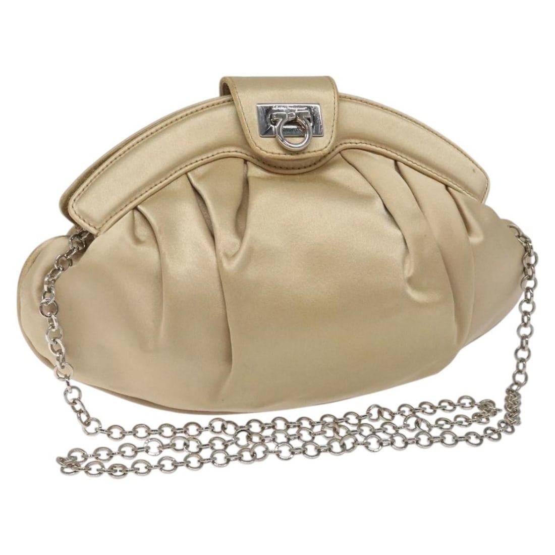 Salvatore Ferragamo Gancini Chain Shoulder Bag Satin Beige Silver Made in Italy (1 of 18)