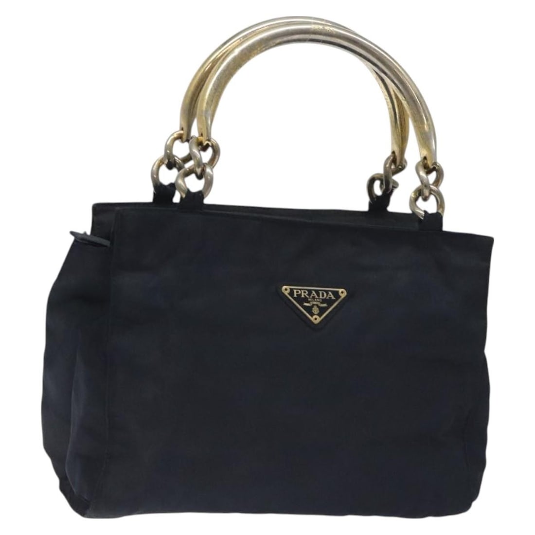 PRADA Black Gold Nylon Hand Bag Made in Italy Auth 127868: PRADA Black Gold Nylon Hand Bag Made in Italy Auth 127868 This authentic PRADA hand bag is crafted from high-quality nylon in a sleek black and gold color scheme. Designed for both style and functiona