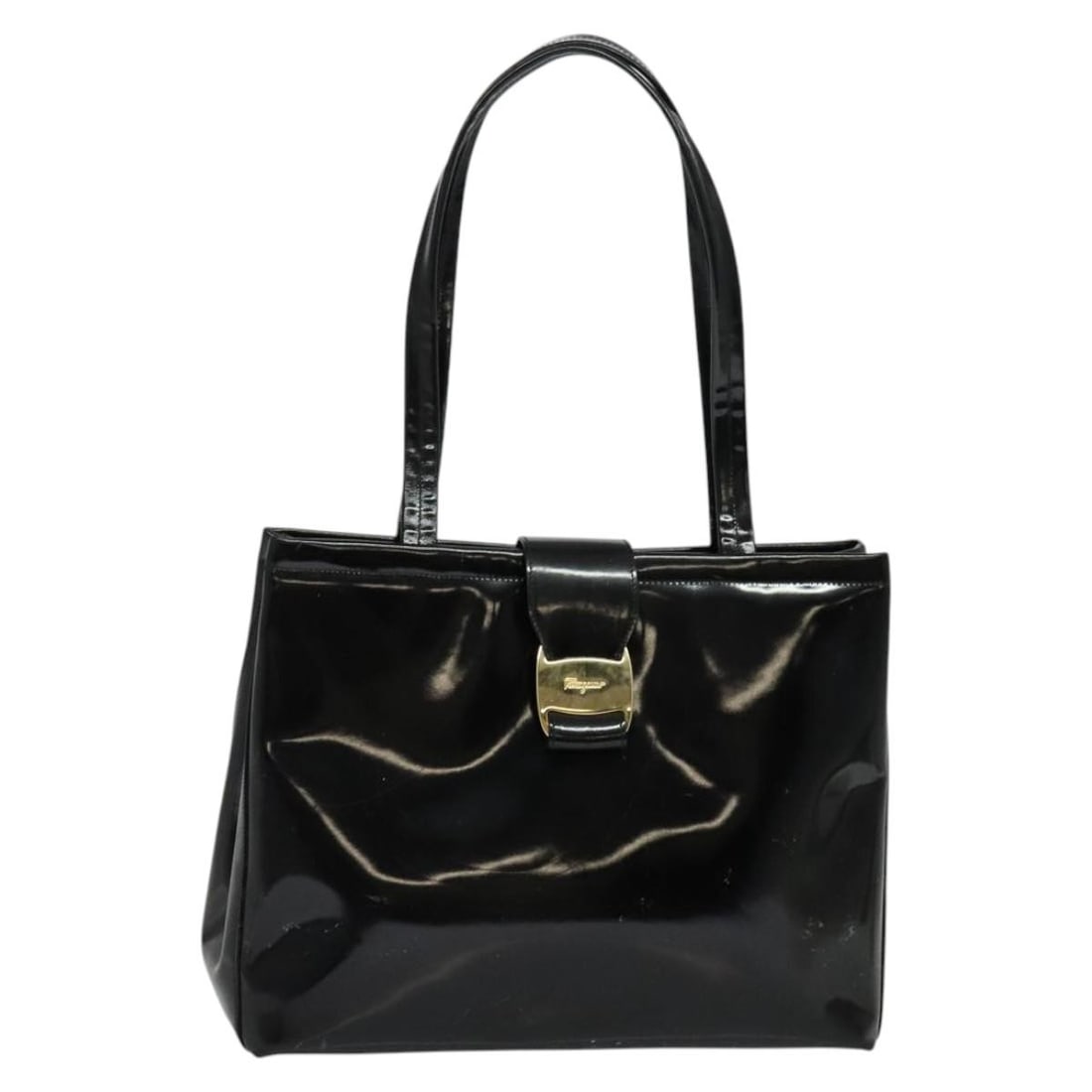 Salvatore Ferragamo Vala Tote Bag Black Gold Enamel Auth 131067: Salvatore Ferragamo Vala Tote Bag Black Gold Enamel Auth 131067 This Salvatore Ferragamo Vala Tote Bag combines elegance with practicality, featuring a striking black and gold enamel exterior. Crafted