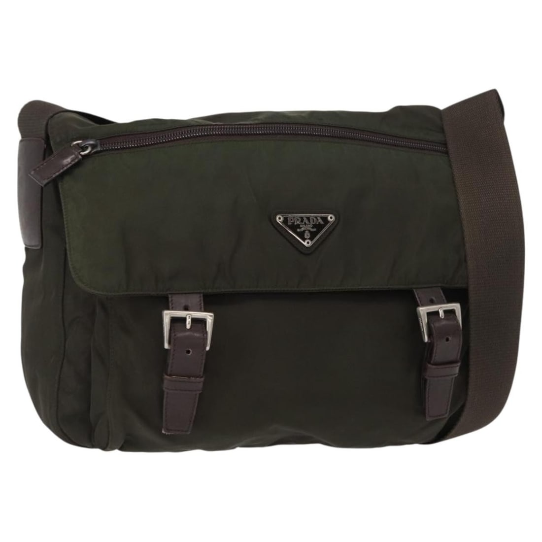 PRADA Khaki Silver Nylon Shoulder Bag Authentic MR1593: PRADA Khaki Silver Nylon Shoulder Bag Authentic MR1593 This PRADA Shoulder Bag features a stylish design in khaki nylon with silver accents, making it a versatile accessory for any wardrobe. The bag m