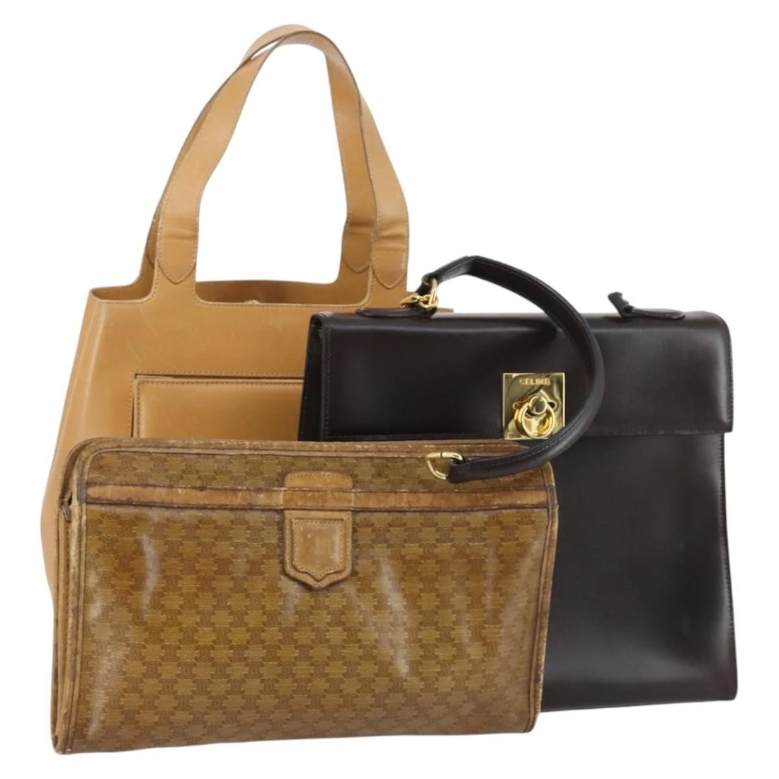 Salvatore Ferragamo Celine Leather Hand Bag Set Beige Black Auth (1 of 18)