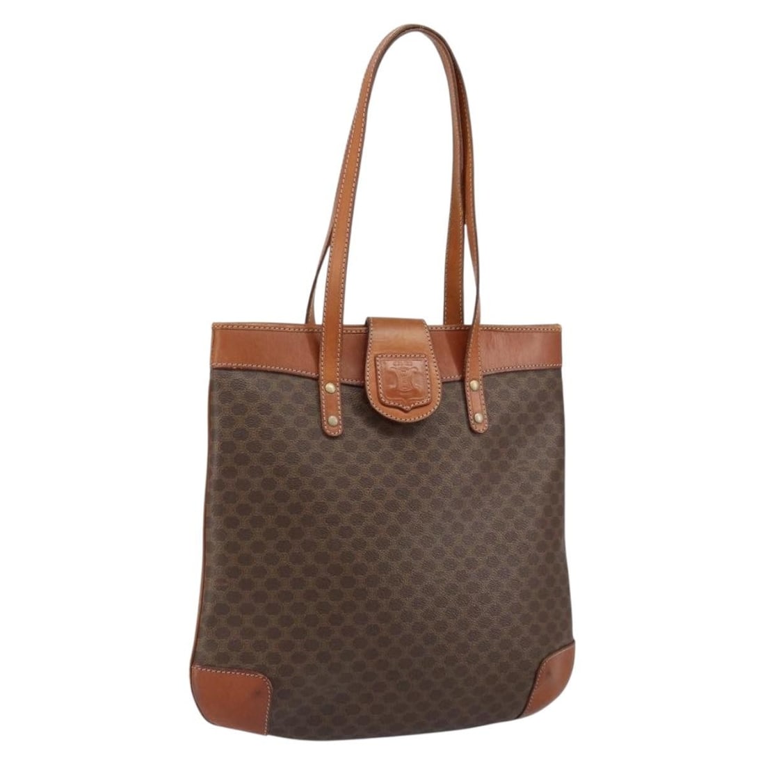 CELINE Macadam Canvas Tote Bag PVC Leather Brown Gold Made in Italy: CELINE Macadam Canvas Tote Bag PVC Leather Brown Gold Made in Italy This authentic CELINE Macadam Canvas Tote Bag features a stylish design crafted from durable PVC leather in a rich brown and gold co