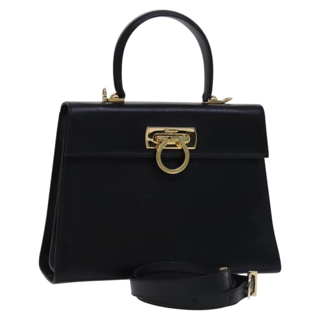 Salvatore Ferragamo Gancini 2-Way Leather Hand Bag Black Gold Auth Italy BD910 (1 of 18)