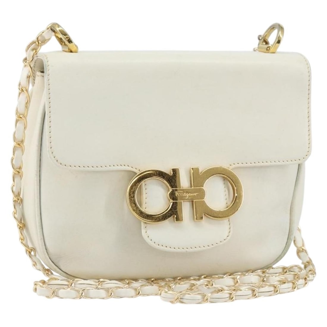 Salvatore Ferragamo Gancini Chain Shoulder Bag Leather White Gold Auth (1 of 18)