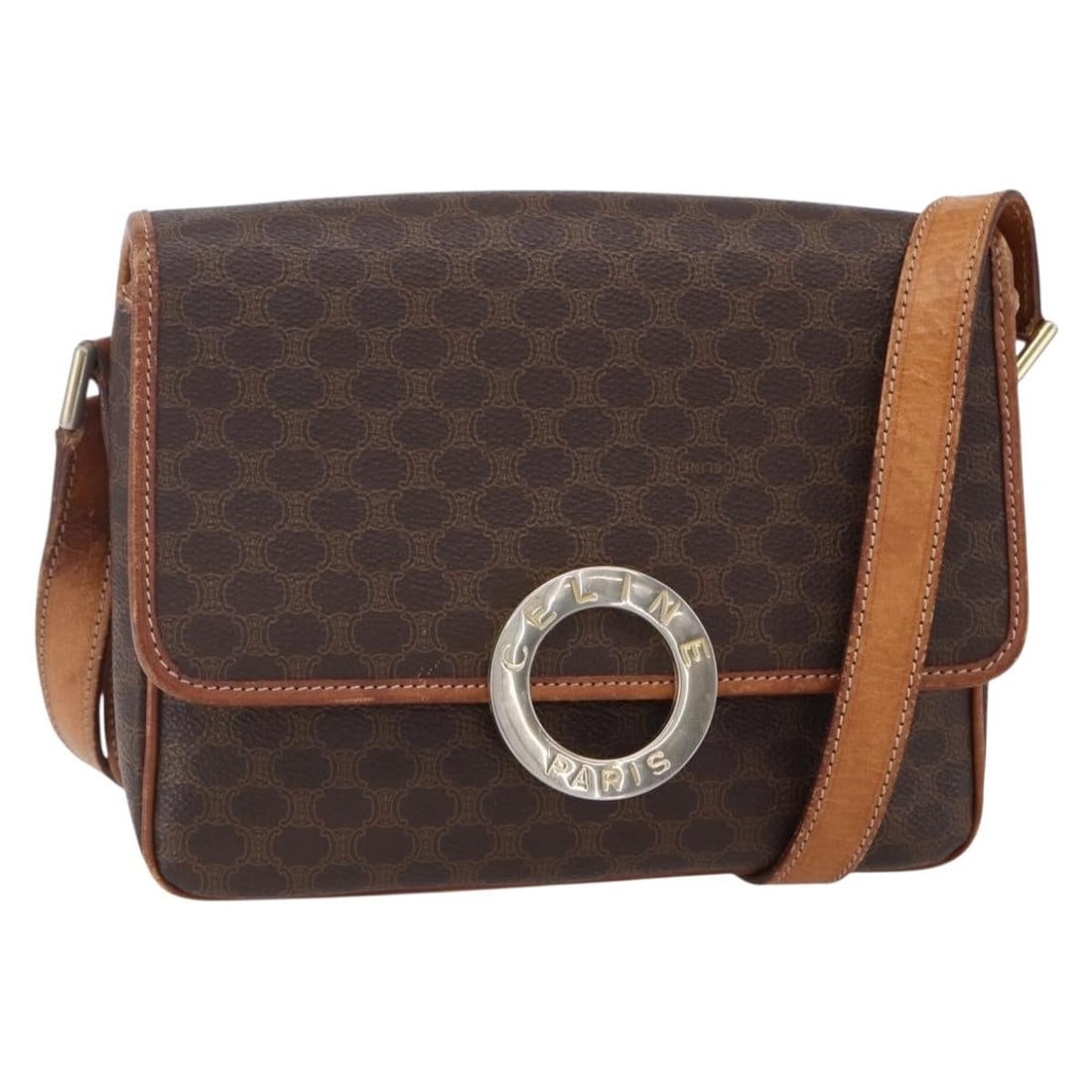 CELINE Brown Gold PVC Leather Macadam Shoulder Bag Auth M12: CELINE Brown Gold PVC Leather Macadam Shoulder Bag Auth M12 This authentic CELINE Macadam Canvas Shoulder Bag combines PVC leather with the iconic Macadam design in a stylish brown and gold palette. M